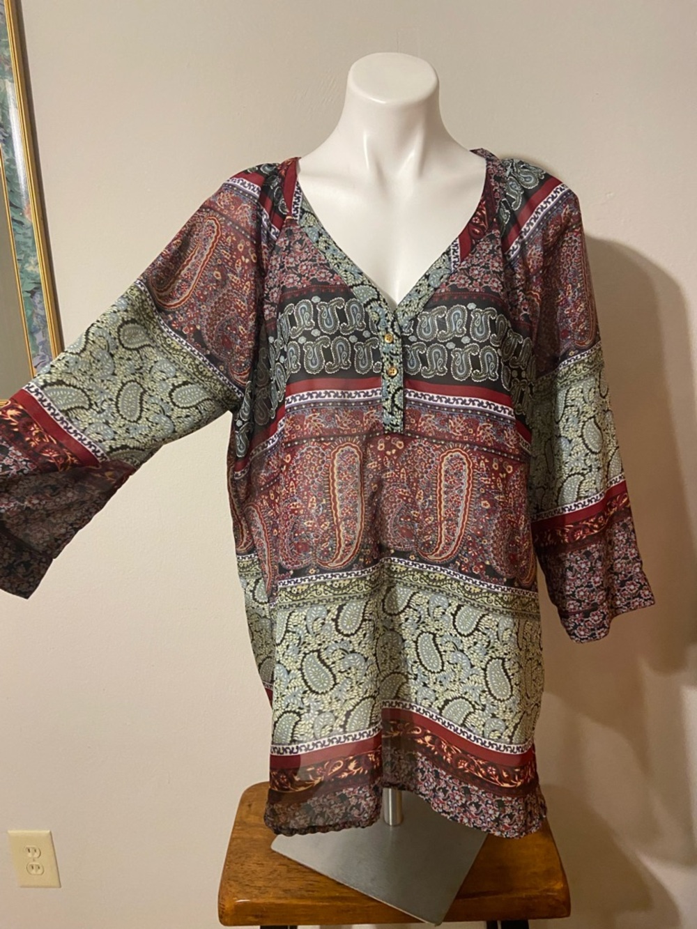 Truth Paisley Patchwork V-Neck Tunic in Burgundy and Sage
